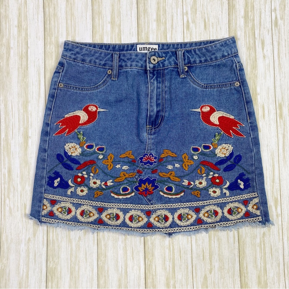 Umgee Red Piper Embroidered Denim Mini Skirt - Picture 4 of 8